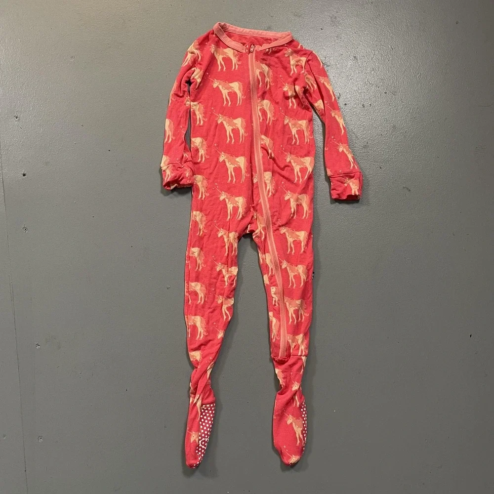 KicKee Pants One Piece Girls 12-18 Months Pink Horse Footed Zip Bamboo Pajamas